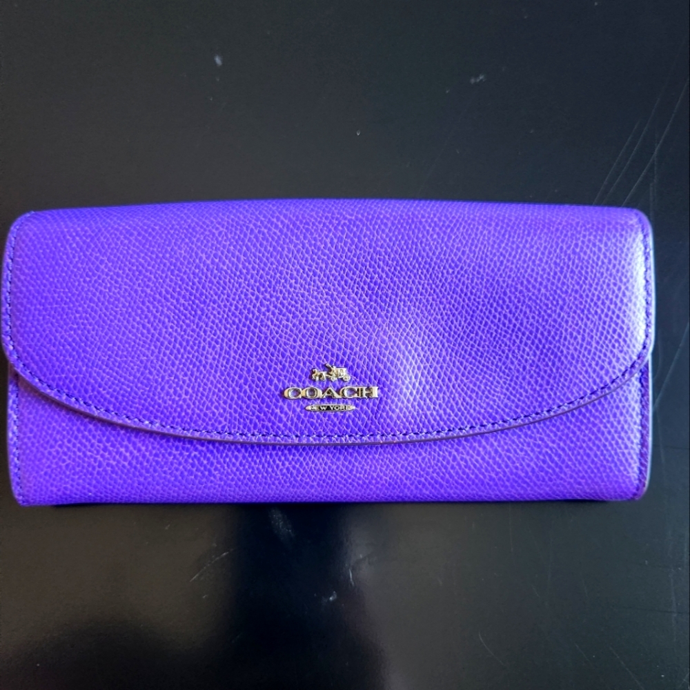 Coach 52628 Pop Slip Metallic Purple Iris Crossgrain Leather Envelope Wallet